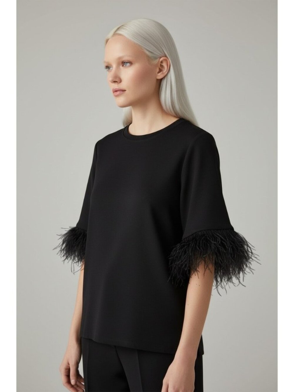 For Cynthia Black Real Feather Trim Short Sleeve Top Women’s XS Party Cocktail